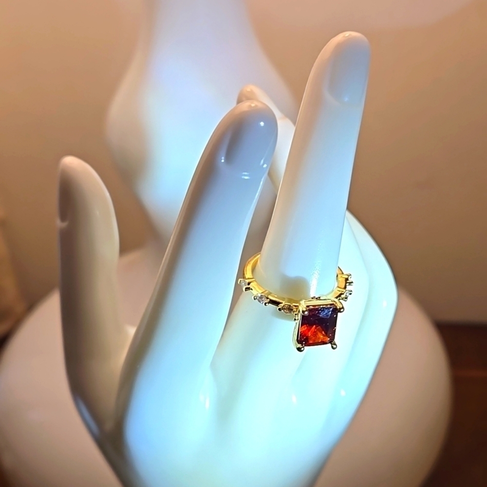 18K Golden Plated Copper Princess Cut Cubic Red Zirconia Ring Women size 7